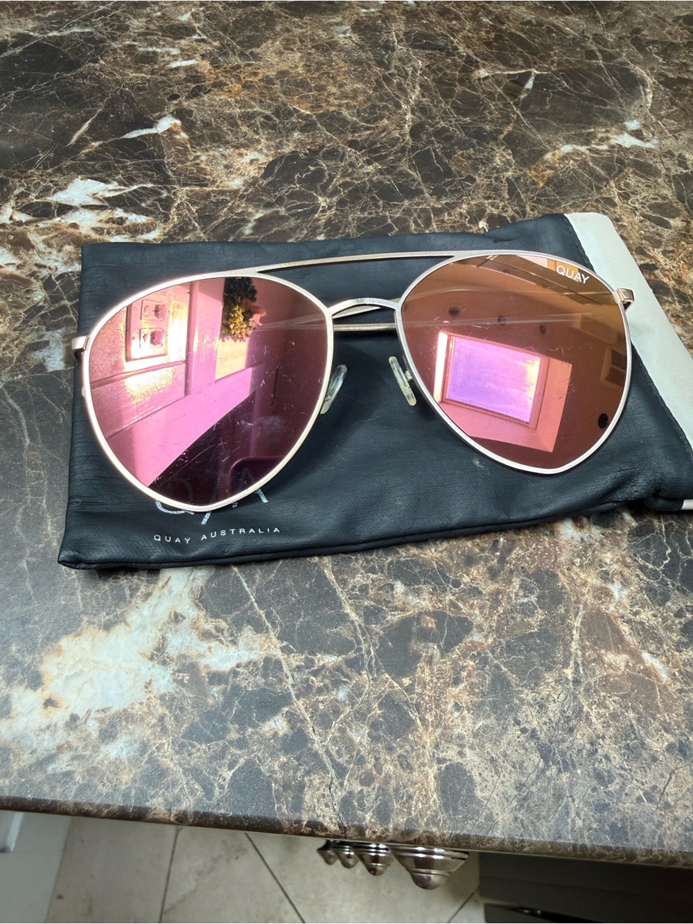 Quay Australia Oversized Gold Frame Aviator Sunglasses with Pink Mirrored Lenses